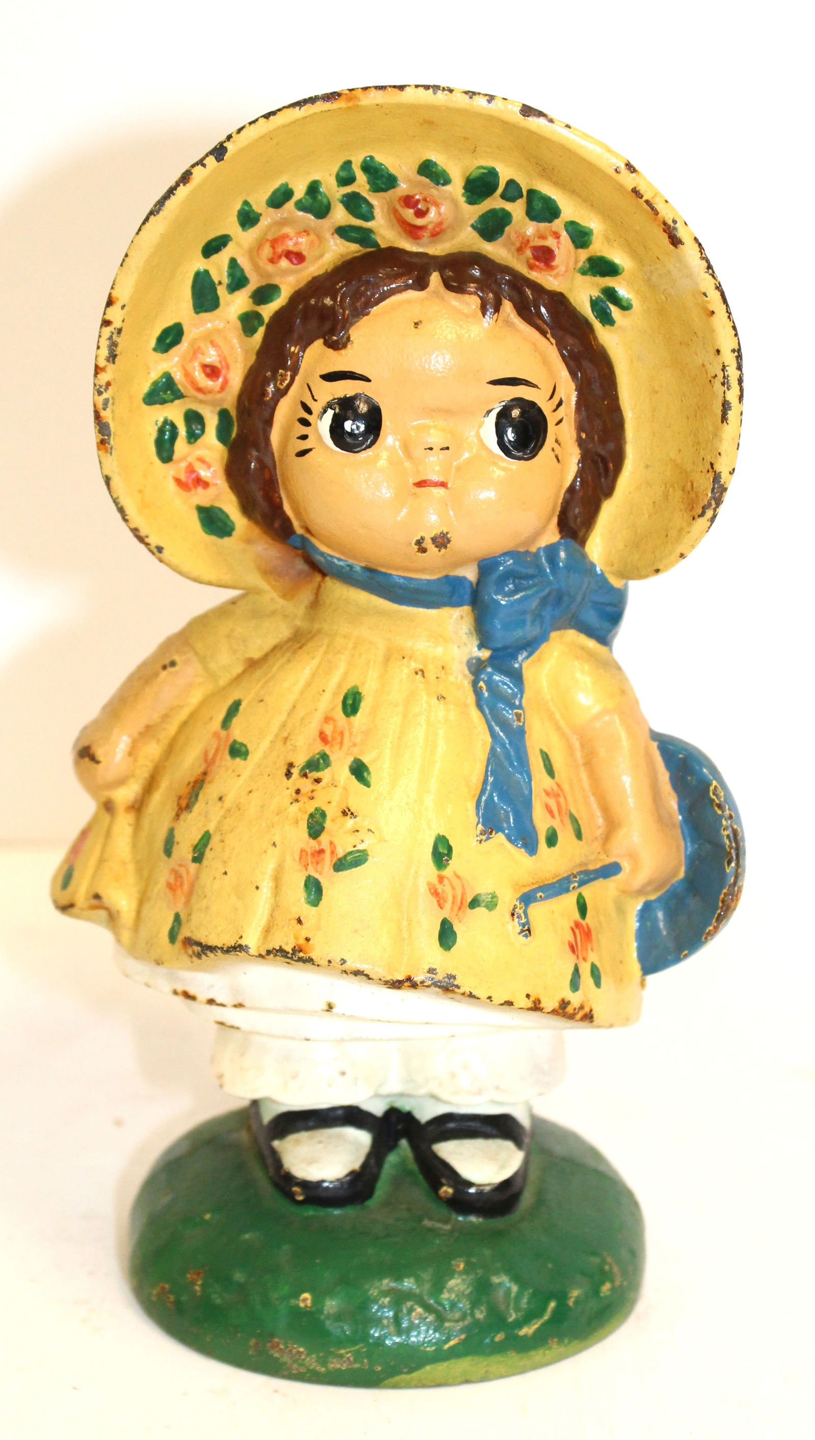 Vintage cast iron painted still bank - Little Girl w Bonnet - 7 1/2" tall (1 of 5)