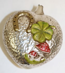 Antique glass heart "Good Luck" Christmas ornament - 3 1/2"