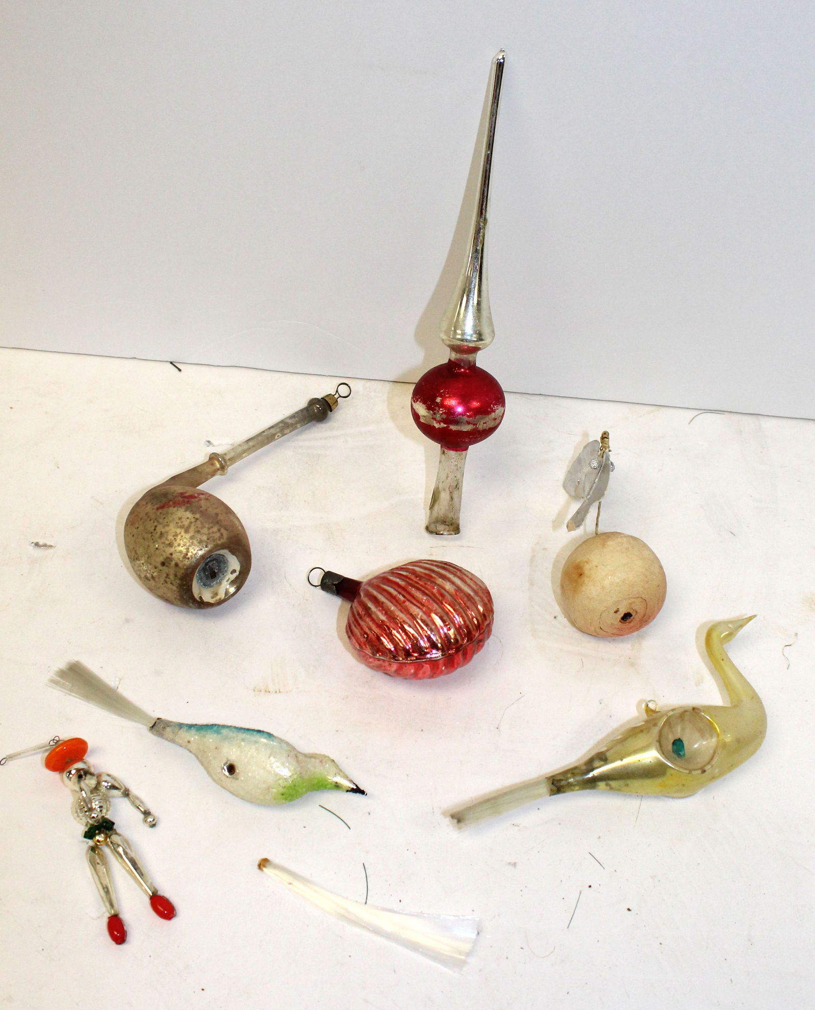 Lot of misc vintage/antique ornaments incl glass, spun cotton plus an 8 1/2" glass tree topper (1 of 7)