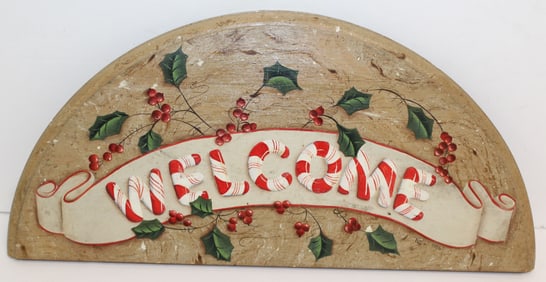 Wooden painted "Welcome" sign w holly berry & candy cane Christmas motif - 9"x18"