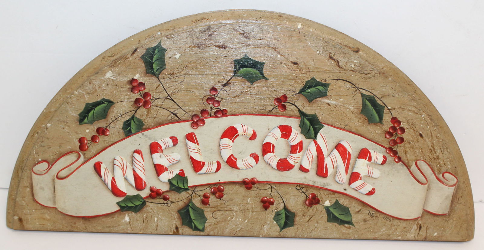 Wooden painted "Welcome" sign w holly berry & candy cane Christmas motif - 9"x18" (1 of 3)