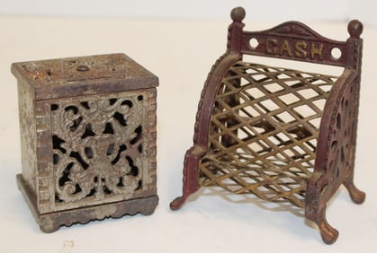 Lot of 2 antique cast iron still banks incl safe & "Cash" - 3" & 4"