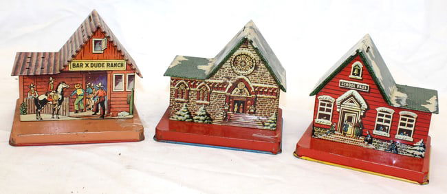 Lot of 3 tin house form still banks - 5" - 5 1/2" tall