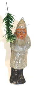 Antique German Belsnickle in silver coat w feather tree - 7" tall
