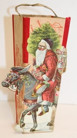 Vintage cardboard candy container w lithoed Santa & donkey decoration - 7 1/2" tall