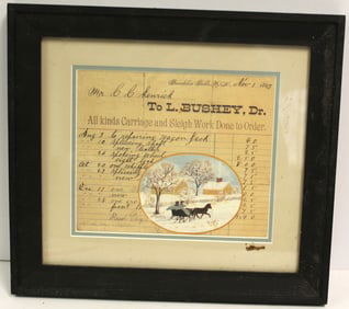 Wonderful framed 19thC receipt for carriage repair w winter motif w/c - overall framed size 12