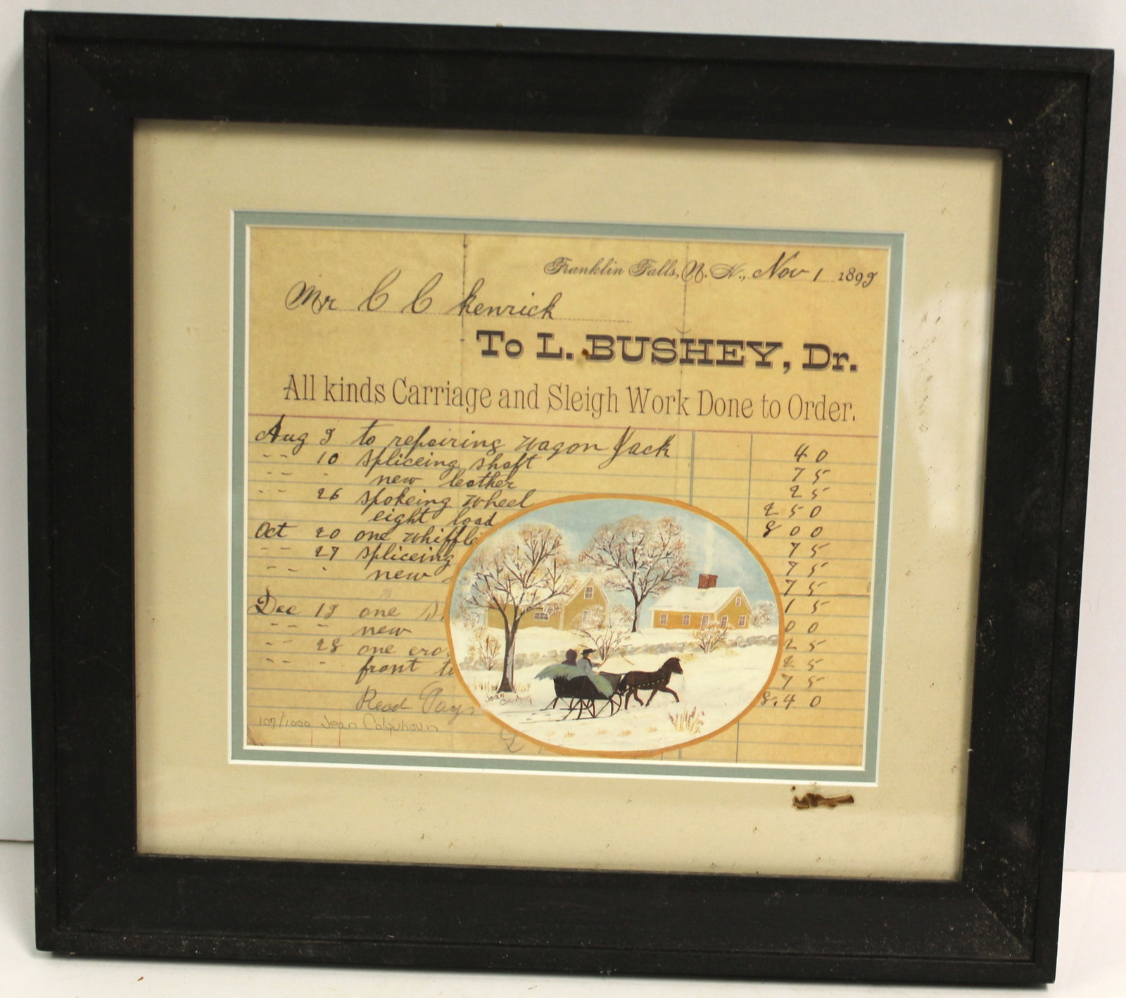 Wonderful framed 19thC receipt for carriage repair w winter motif w/c - overall framed size 12: Wonderful framed 19thC receipt for carriage repair w winter motif w/c - overall framed size 12 1/4"x13 3/4"
