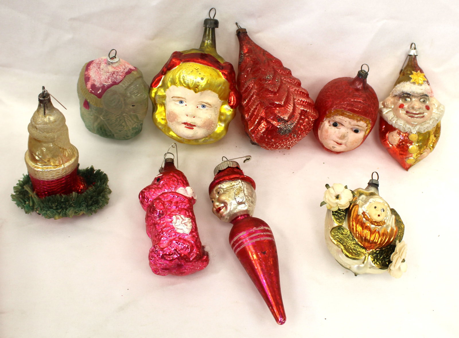 Lot of antique glass Christmas figural make-do ornaments: Lot of antique glass Christmas figural make-do ornaments