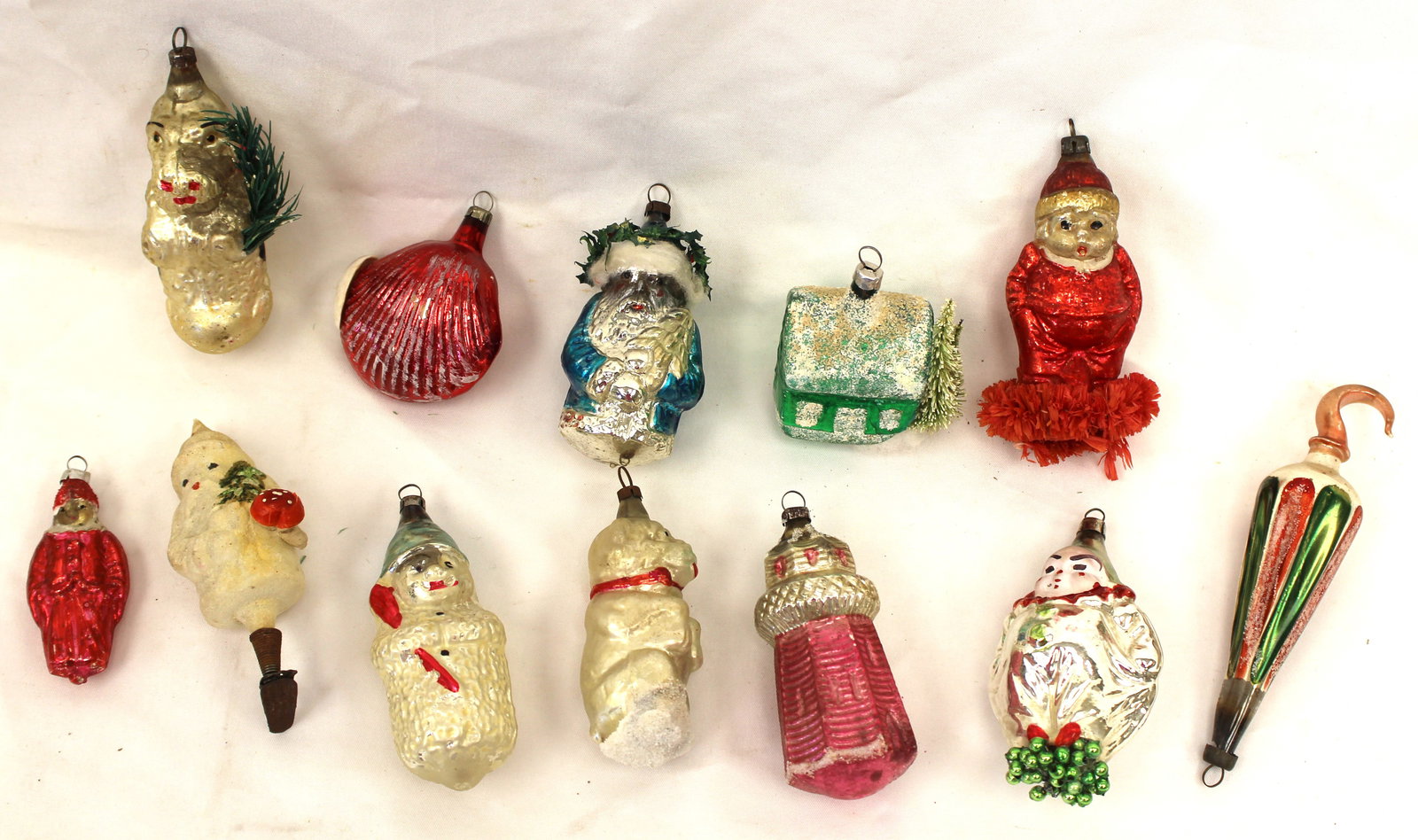 Lot of antique glass Christmas figural make-do ornaments: Lot of antique glass Christmas figural make-do ornaments