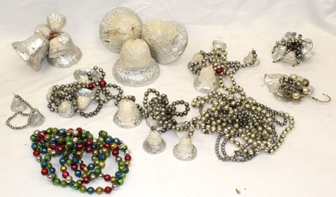 Lot of antique glass bead garlands, cardboard & foil bells & ornaments - bells are 1 1/2" - 4" tall