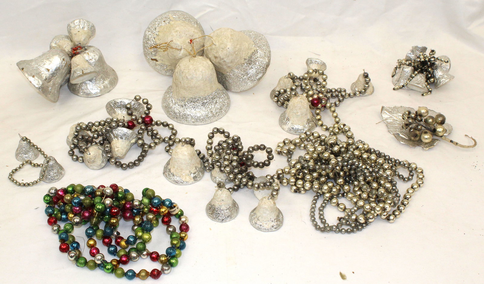 Lot of antique glass bead garlands, cardboard & foil bells & ornaments - bells are 1 1/2" - 4" tall: Lot of antique glass bead garlands, cardboard & foil bells & ornaments - bells are 1 1/2" - 4" tall