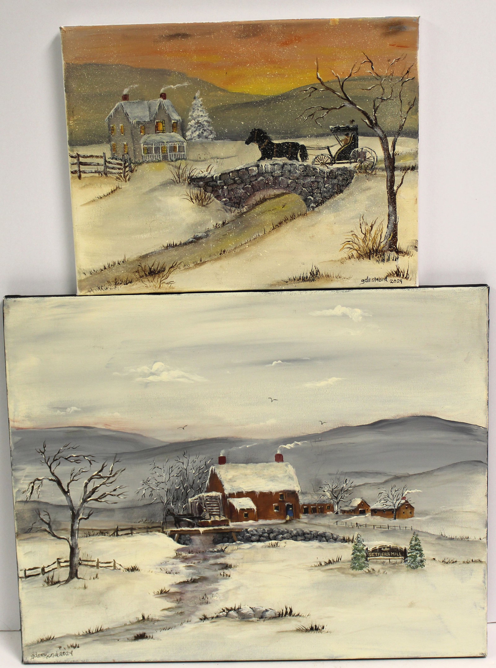 Lot of 2 o/c winter scenes by G. Desmond dated 2024: Lot of 2 o/c winter scenes by G. Desmond dated 2024