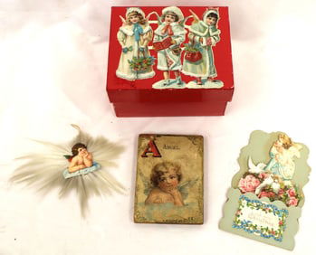 Small vintage red box w applied litho Christmas dec & 3 holiday angel related items inside - 4"x5