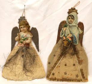 Lot of 2 Victorian scrap Christmas angels - 10" & 12" tall