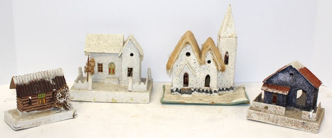 Lot of 4 Japanese cardboard buildings incl Church & 3 houses - 3"-6" tall