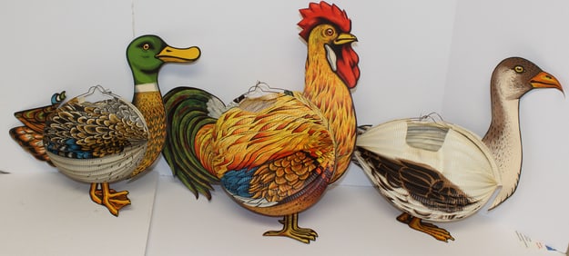 Lot of 3 vintage paper lanterns - duck, rooster & goose