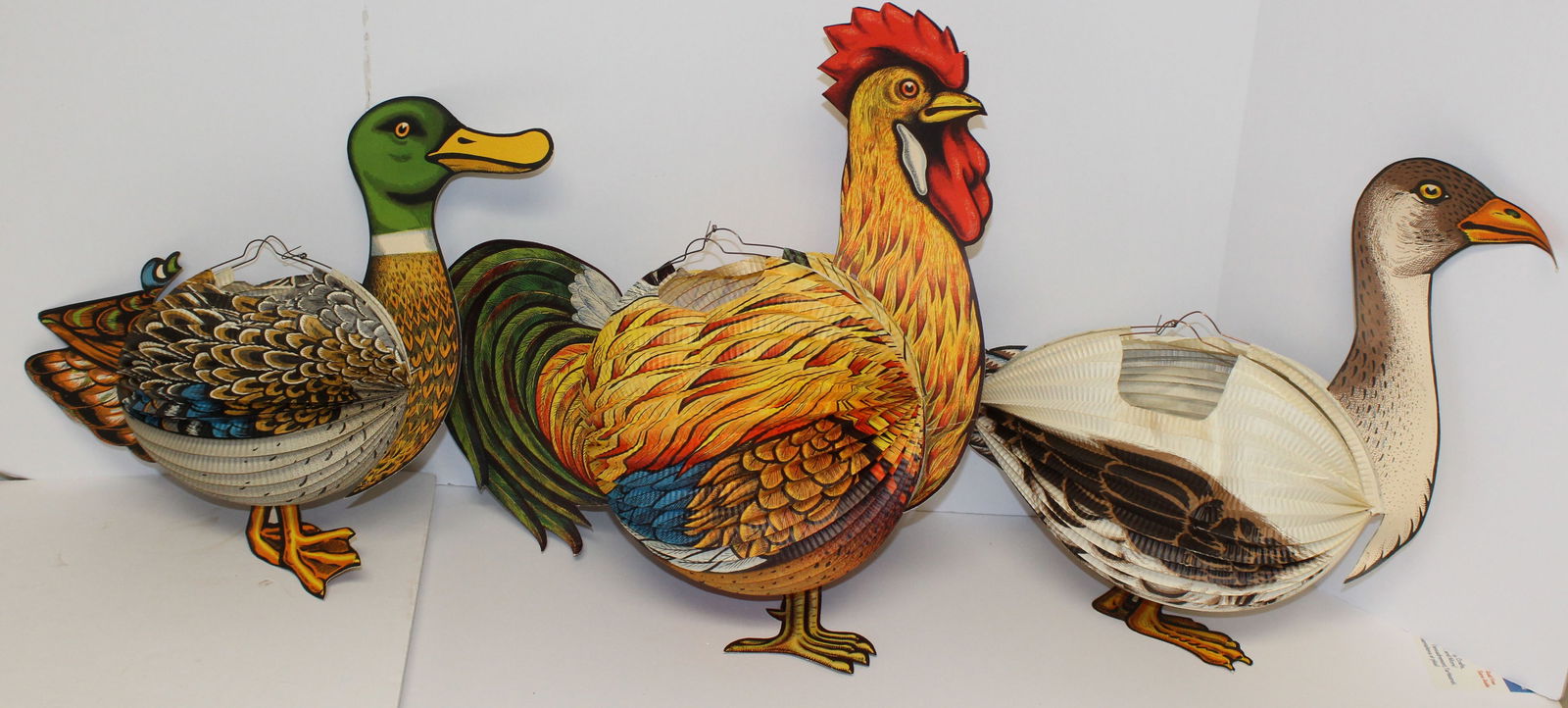 Lot of 3 vintage paper lanterns - duck, rooster & goose: Lot of 3 vintage paper lanterns - duck, rooster & goose