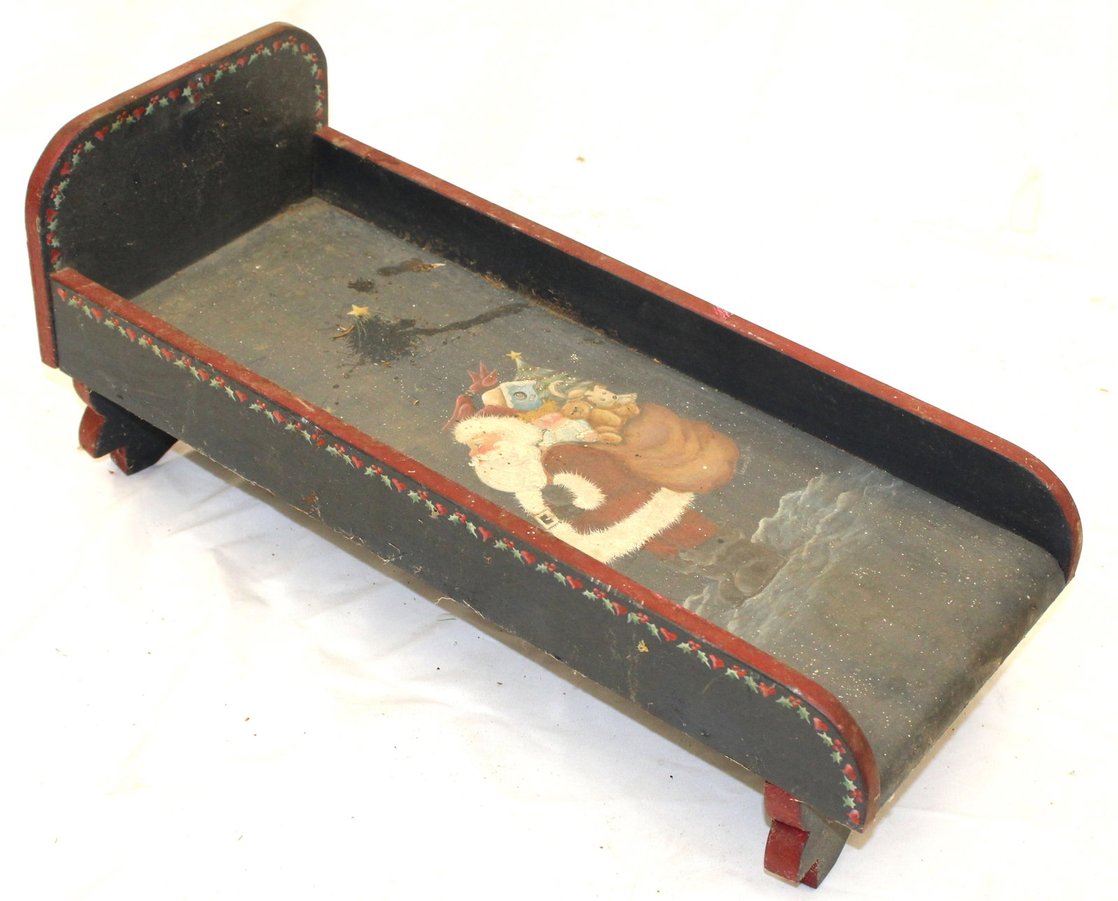 Wooden painted doll bed w Christmas motif - 5 1/2"x20 1/2"x8 1/2": Wooden painted doll bed w Christmas motif - 5 1/2"x20 1/2"x8 1/2"