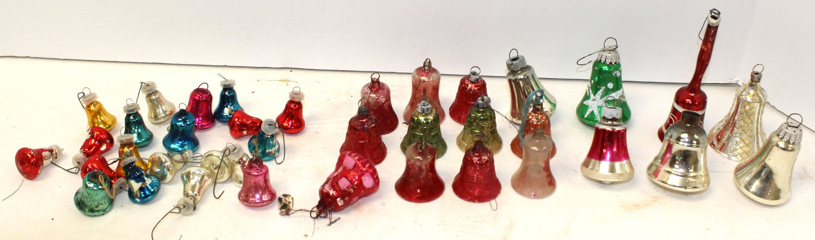 Large lot of glass bell ornaments in mini, small & med sizes - 1"-4 1/2": Large lot of glass bell ornaments in mini, small & med sizes - 1"-4 1/2"