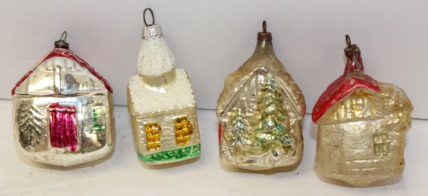 Lot of 4 German glass house ornaments w red & gold roofs - approx 3" tall