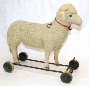 Large antique sheep pull toy on wheels - 16" tall x 16" long x 8 1/2" wide
