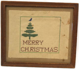 Vintage cross stitch "Merry Christmas" sign w Christmas tree - 11"x12" framed size