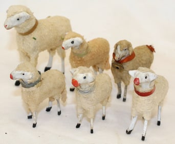 Lot of 6 antique Putz sheep - 2" - 3 1/2"