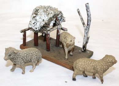 German wooden sheep house w 3 sheep - house is 3 1/2" tall x 4 1/2"x2 1/2" - sheep are 1 1/2" tall