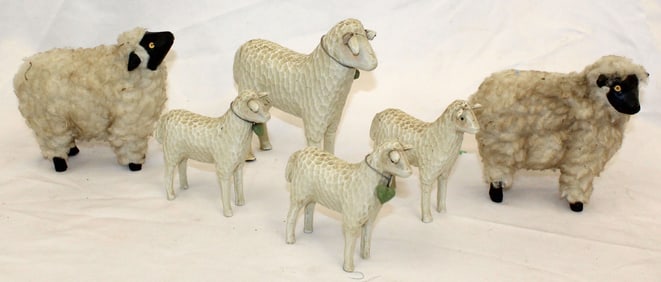 Lot of 6 vintage & contemporary composition & fur covered sheep - 4"-6"