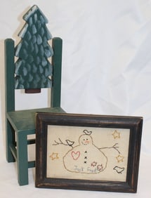 Contemporary wooden painted doll chair w Christmas tree cut out back plus a primitive style stitched