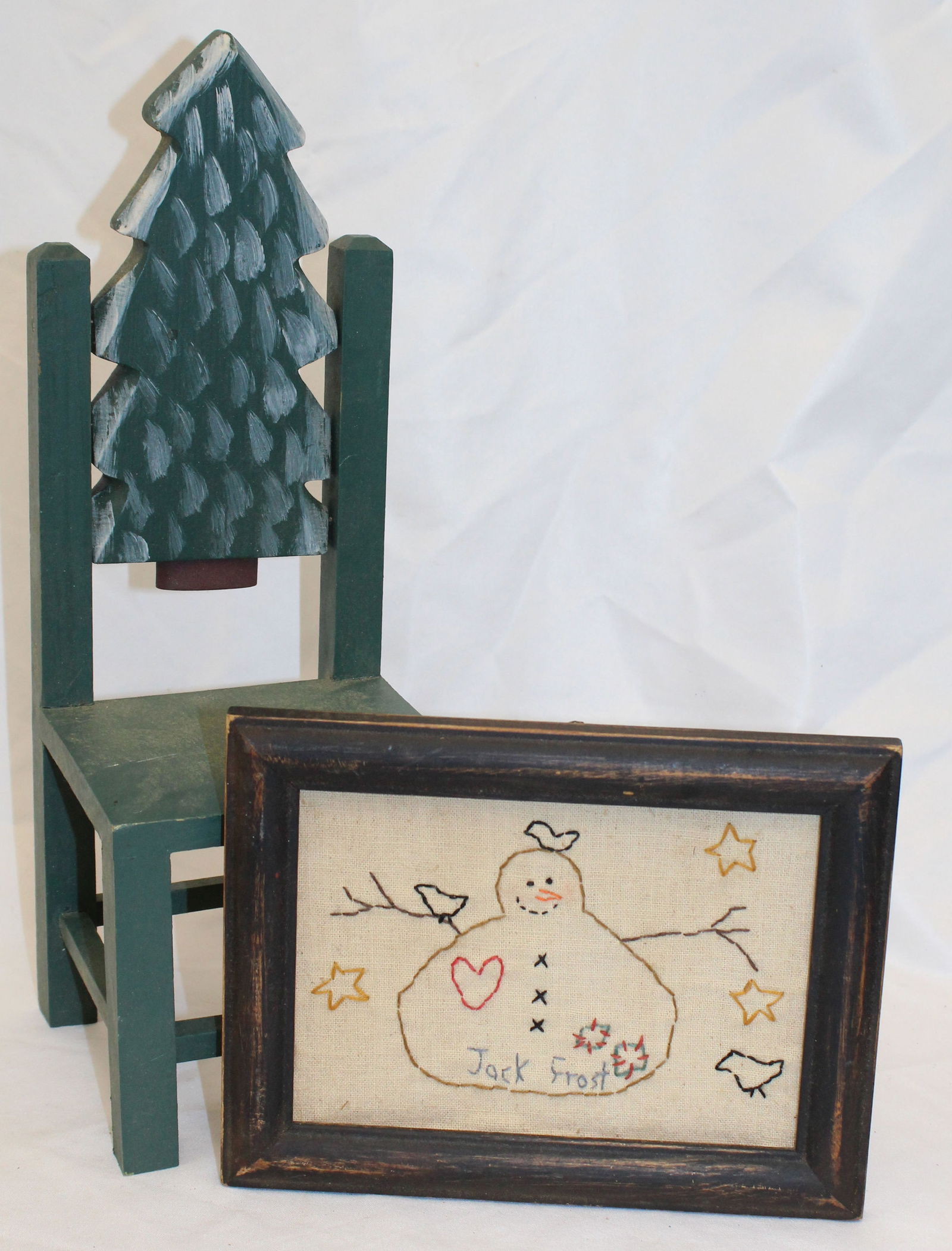 Contemporary wooden painted doll chair w Christmas tree cut out back plus a primitive style stitched (1 of 5)