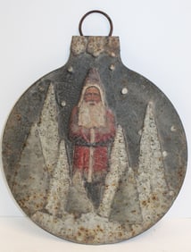 Contemporary hand painted Christmas ornament shaped hanging sign w Santa & snow covered trees motif