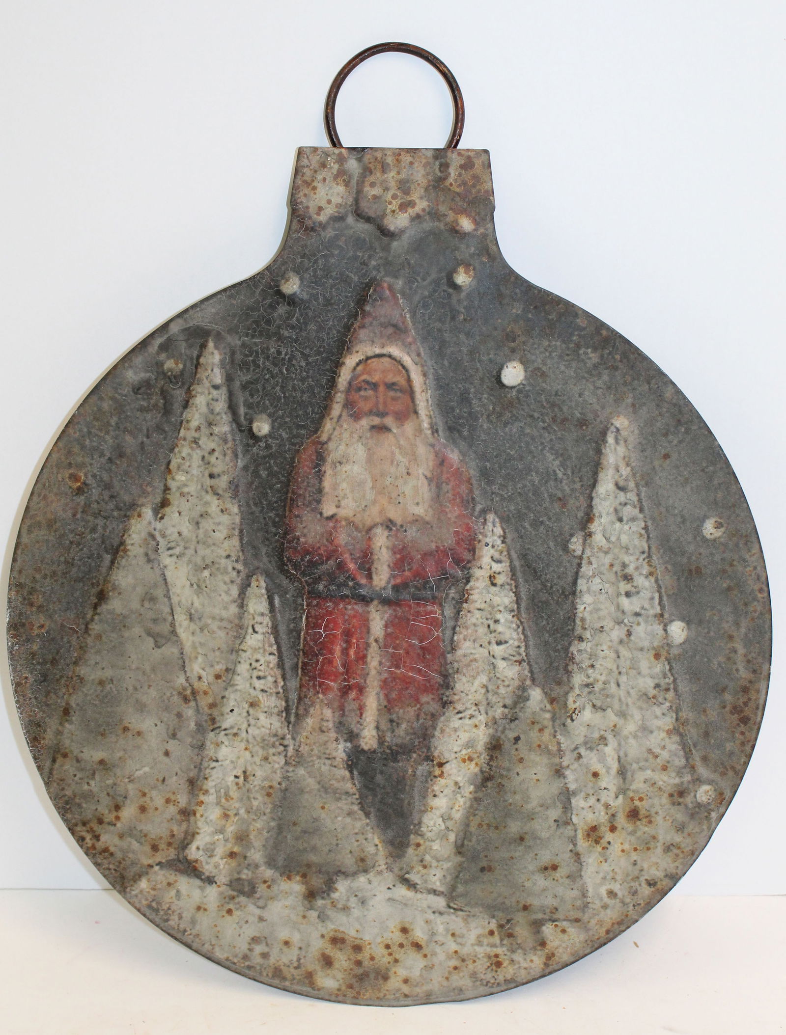 Contemporary hand painted Christmas ornament shaped hanging sign w Santa & snow covered trees motif (1 of 6)