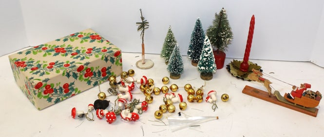 Misc vintage/antique Christmas lot incl bottle brush trees, candle, wooden Santa w sleigh,