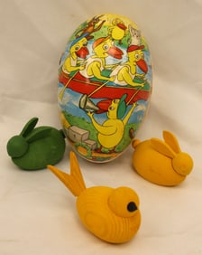 Easter Egg candy container w 3 wooden painted animals - 6 1/2" egg & 2" animals