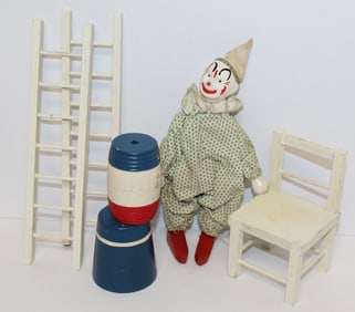 Antique Schoenhut wooden painted clown w chair, ladders & barrels - 7 1/2" clown, 2 1/2" barrels, 8"