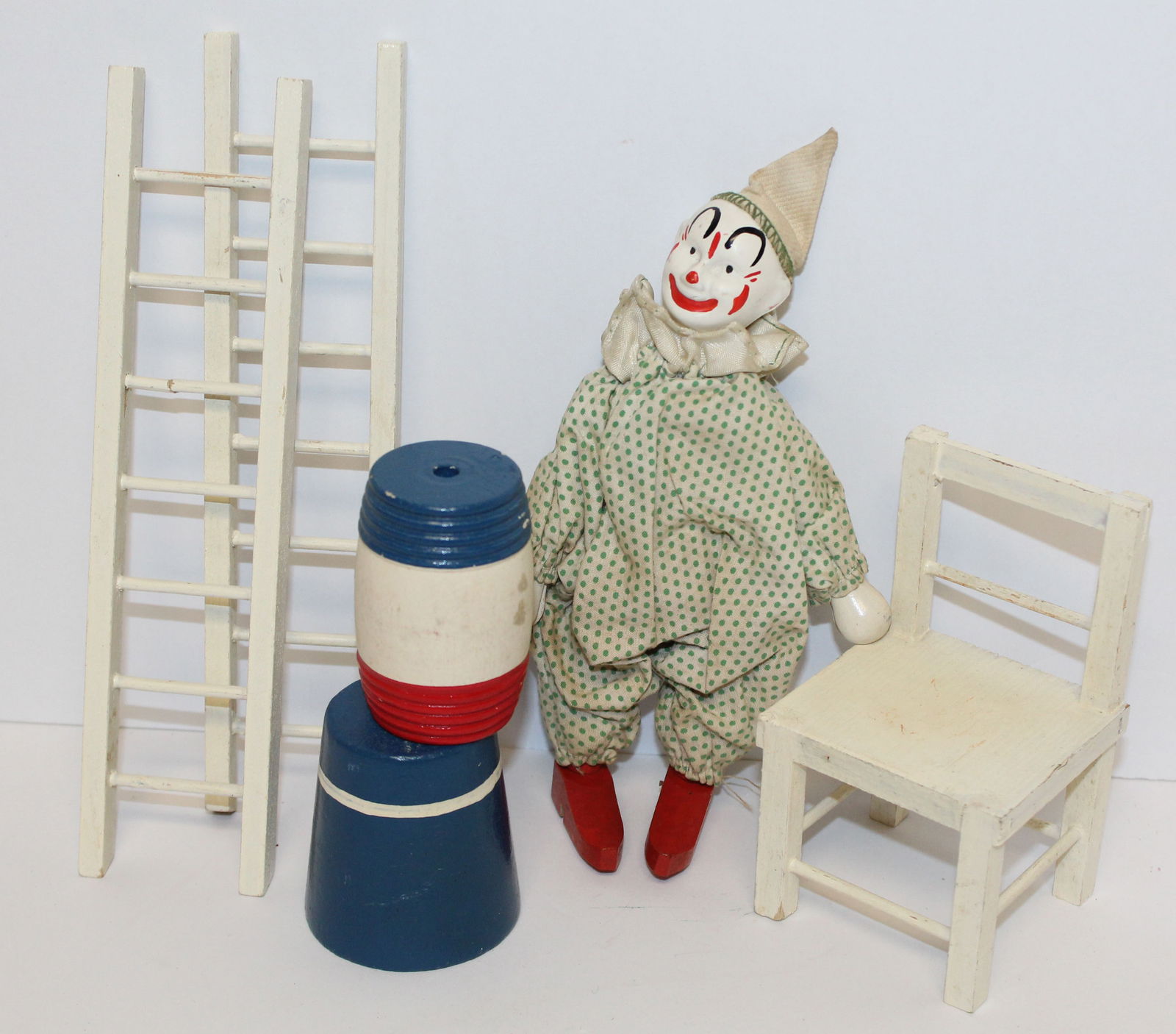 Antique Schoenhut wooden painted clown w chair, ladders & barrels - 7 1/2" clown, 2 1/2" barrels, 8" (1 of 5)