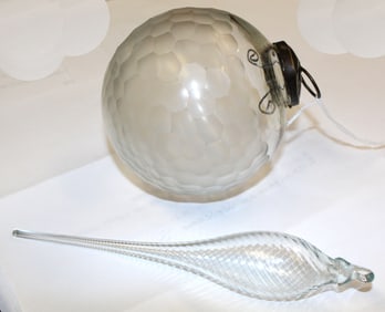 Lot of 2 clear glass/etched ornaments - Kugel & icicle - 4" & 7"