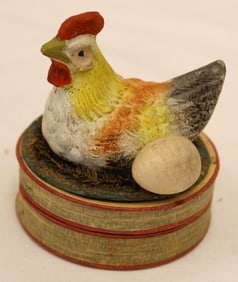 Antique hen w egg candy container - 3" tall x 3" diam