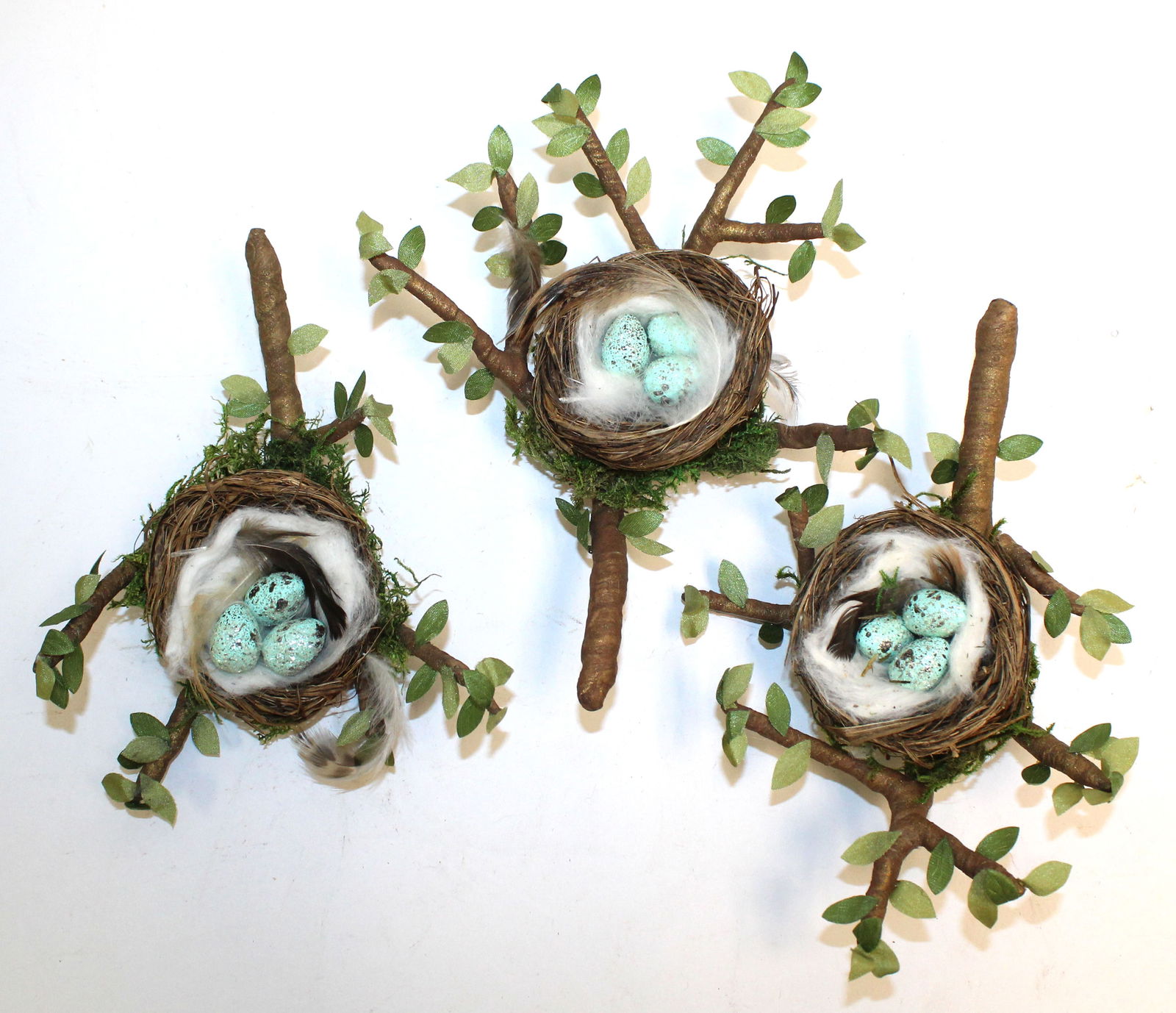 Lot of 3 contemporary Full Moon Wares bird nests w spun cotton birds - 6 1/2" - 8" nests: Lot of 3 contemporary Full Moon Wares bird nests w spun cotton birds - 6 1/2" - 8" nests