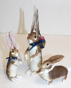 Lot of 3 contemporary Full Moon Wares spun cotton bunnies - 4"-9"