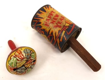 Lot of 2 tin antique/vintage New Year's noise makers - 4 1/2" & 9"