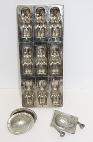Vintage Easter motif mold lot incl tin ice cream mold & a chocolate mold - 14 1/2"x6"