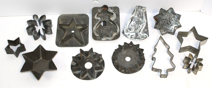 Large lot of vintage/antique tin & other Holiday related cookie cutters/molds incl stars, trees,