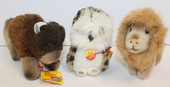 Lot of 3 contemporary Steiff animals most w tags &/or buttons in ears - lion, Owl & Bison