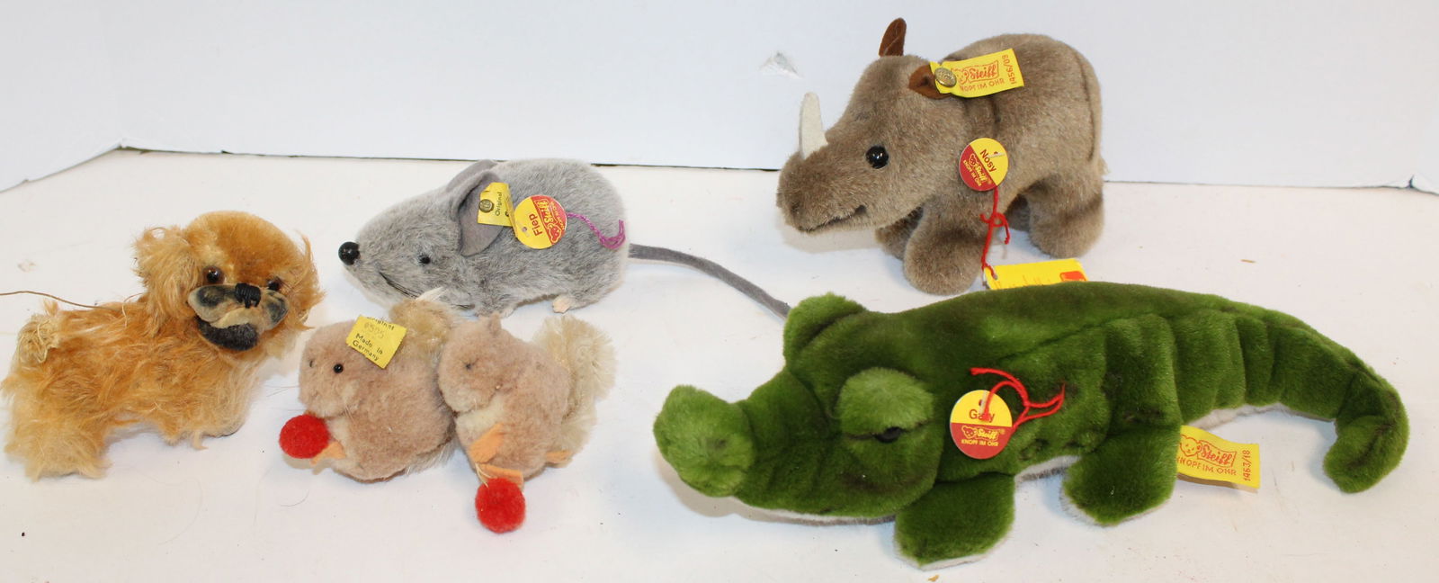 Lot of 6 contemporary Steiff animals most w tags &/or buttons incl alligator, 2 squirrels, dog, (1 of 6)