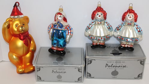 Lot of contemporary glass ornaments by Kurt S Adler Incl Polomaise Collection incl bear plus Raggedy