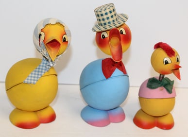 Lot of 3 vintage German candy containers incl duck & 2 chickens - 4 1/2"-8" tall