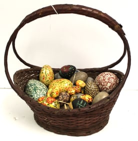 Basket filled with Easter eggs in various sizes incl real blown out, plastic, wooden, etc - 1 1/2" -