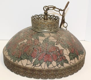 Vintage reverse painted hanging light fixture w poinsettia hand painted decoration - 14" diam